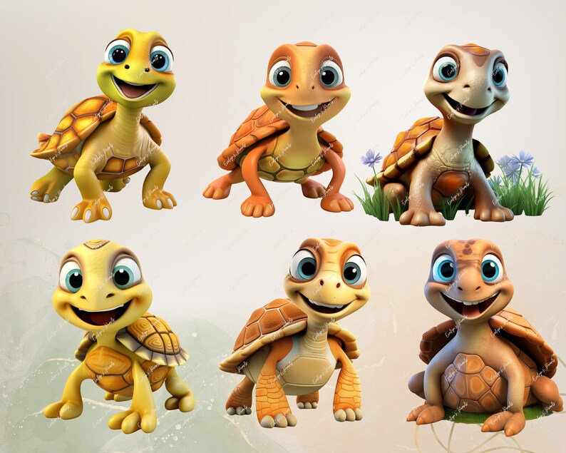 Op de afbeelding: Zes cartoon schildpadden met verschillende gekleurde schilden en uitdrukkingen. De schildpadden lachen allemaal en hebben grote ogen. Ze staan allemaal op een witte achtergrond.