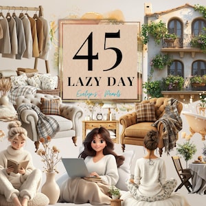 May include: A digital illustration with a cozy theme. The image features a rack of sweaters, armchairs, a bathtub, and a balcony. The text "45 LAZY DAY Evelyn's Pearls" is displayed in a frame. Two women are reading and using a laptop.
