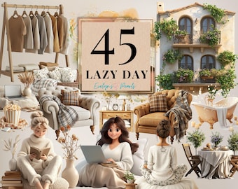 Lazy Day Clipart Home PNG Cozy Girl with Books Clipart Armchairs, Robes, and Relaxed Interiors, Self-Care and Comfort Decor Elements Clipart