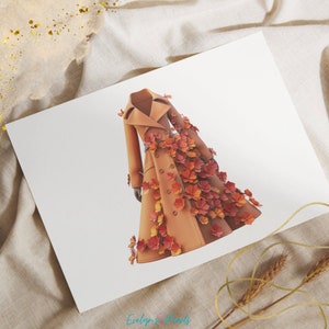 May include: A brown trench coat with a unique design featuring a cascade of orange and red paper flowers. The flowers are layered and create a 3D effect.