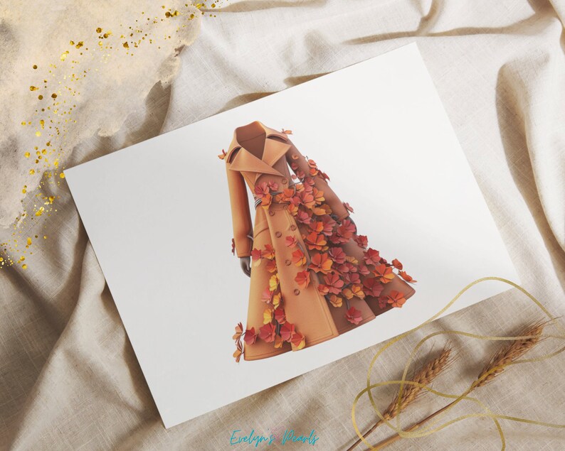 May include: A brown trench coat with a unique design featuring a cascade of orange and red paper flowers. The flowers are layered and create a 3D effect.