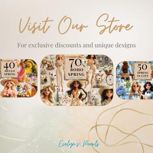 May include: Three digital collage designs featuring spring themes. The first design is titled "40 Hello Spring" and features a collage of spring-themed images, including flowers, a birdhouse, and a bicycle. The second design is titled "70 Boho Spring" and features a collage of boho-themed images, including flowers, a bicycle, and a rabbit. The third design is titled "50 Spring in City" and features a collage of city-themed images, including flowers, a bicycle, and a building.
