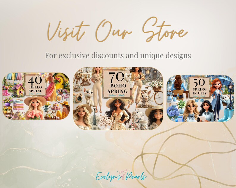 May include: Three digital collage designs featuring spring themes. The first design is titled "40 Hello Spring" and features a collage of spring-themed images, including flowers, a birdhouse, and a bicycle. The second design is titled "70 Boho Spring" and features a collage of boho-themed images, including flowers, a bicycle, and a rabbit. The third design is titled "50 Spring in City" and features a collage of city-themed images, including flowers, a bicycle, and a building.