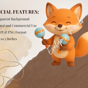 Alt Text 2:
A smiling cartoon fox stands on a textured paper background holding two maracas. The image highlights special features including transparent PNGs, commercial use, and high-resolution dimensions.