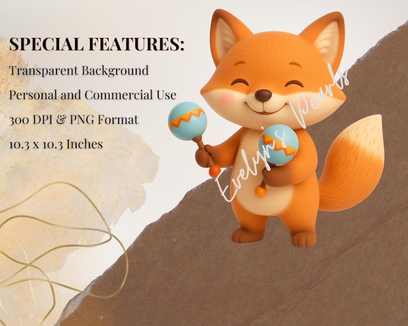 Alt Text 2:
A smiling cartoon fox stands on a textured paper background holding two maracas. The image highlights special features including transparent PNGs, commercial use, and high-resolution dimensions.