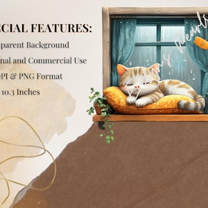 A cute orange-and-white cat naps on an orange cushion on a wooden windowsill with rain falling outside and teal curtains framing the cozy indoor scene.