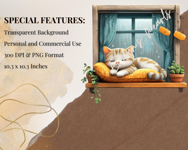 A cute orange-and-white cat naps on an orange cushion on a wooden windowsill with rain falling outside and teal curtains framing the cozy indoor scene.