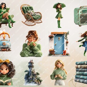 Characters in green reading on armchairs and sipping tea, a retro radio, wicker chairs, a blue door scene, umbrellas, and a charming girl jumping in the rain.