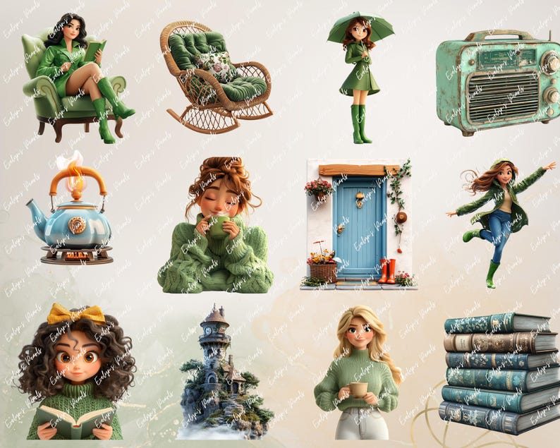 Characters in green reading on armchairs and sipping tea, a retro radio, wicker chairs, a blue door scene, umbrellas, and a charming girl jumping in the rain.