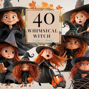 Peut inclure: Image d'art numérique avec 40 illustrations de sorcières fantaisistes. Les sorcières ont les cheveux roux, des chapeaux noirs et des capes noires. Certaines tiennent des balais, des citrouilles et des livres. Le texte indique "40 Whimsical Witch Evelyn's Pearls."