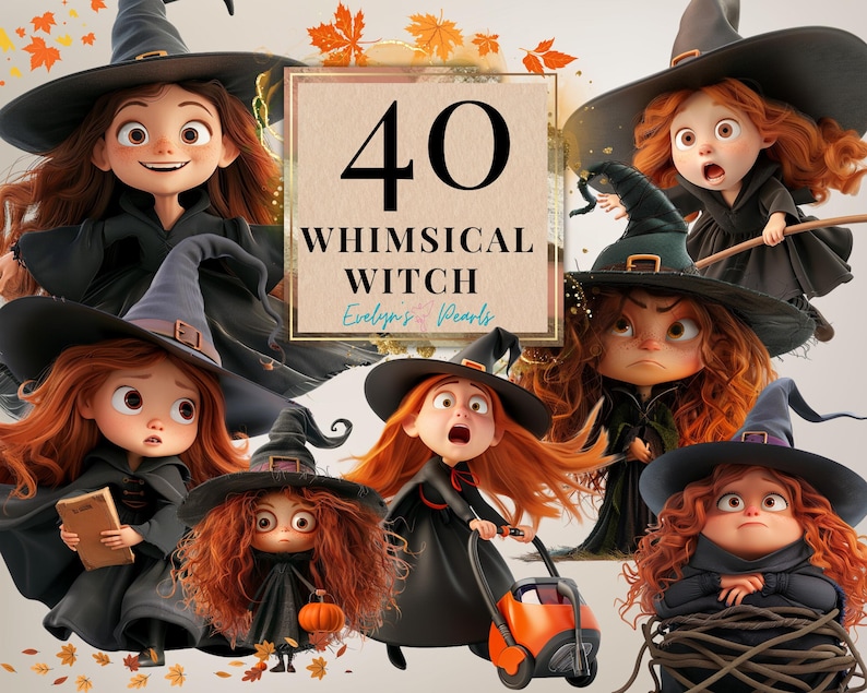 May include: A digital art image featuring 40 whimsical witch illustrations. The witches have red hair, black hats, and black cloaks. Some are holding brooms, pumpkins, and books. The image includes text that reads "40 Whimsical Witch Evelyn's Pearls."