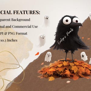 May include: A black crow with large eyes stands on a pile of orange and brown leaves.  The crow is surrounded by white ghosts.  The text "Evelyn's Pearls" is written on the crow's body.  The image has a transparent background.