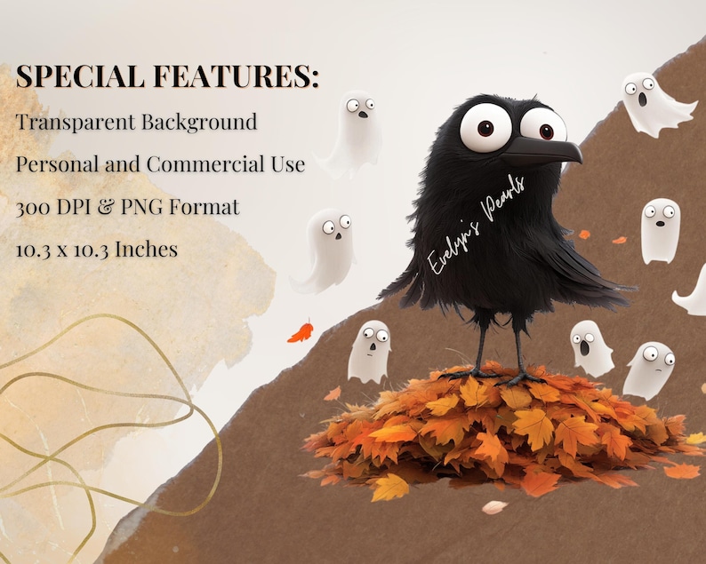May include: A black crow with large eyes stands on a pile of orange and brown leaves.  The crow is surrounded by white ghosts.  The text "Evelyn's Pearls" is written on the crow's body.  The image has a transparent background.
