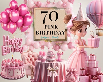 Rosa Party Clipart Geburtstag Clipart Rosa Ballon Clipart Kinder Party Dekor Clipart Karte PNG Rosa Kuchen| Kommerzielle Nutzung Clipart Transparent