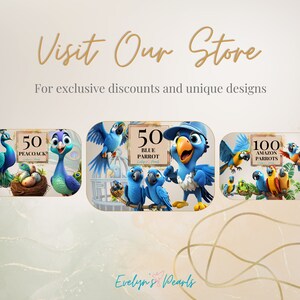 May include: A digital illustration of three different types of parrots. The first image shows 50 peacocks, the second image shows 50 blue parrots, and the third image shows 100 Amazon parrots. The text "Evelyn's Pearls" is at the bottom of the image.