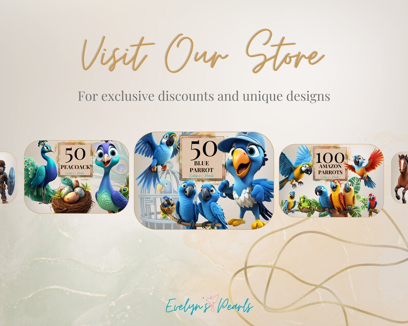 May include: A digital illustration of three different types of parrots. The first image shows 50 peacocks, the second image shows 50 blue parrots, and the third image shows 100 Amazon parrots. The text "Evelyn's Pearls" is at the bottom of the image.
