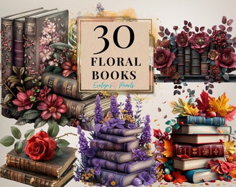 May include: 30 Floral Books by Evelyn's Pearls. A collection of vintage-style books with floral embellishments. The books are arranged in three groups, each with a different floral theme. The first group features red and pink flowers, the second group features purple flowers, and the third group features autumn leaves.