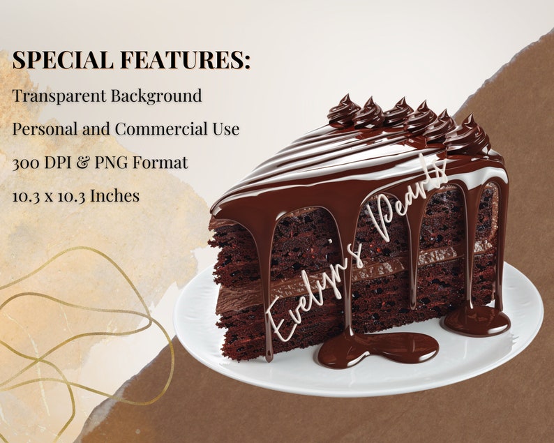 May include: A slice of chocolate cake with chocolate frosting and a drizzle of chocolate sauce. The cake is on a white plate. The image is 10.3 inches by 10.3 inches and 300 DPI.