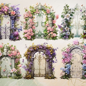 May include: Six ornate iron gates with floral arches, each with a different color scheme and floral arrangement. The gates are decorated with intricate designs and are surrounded by lush greenery.