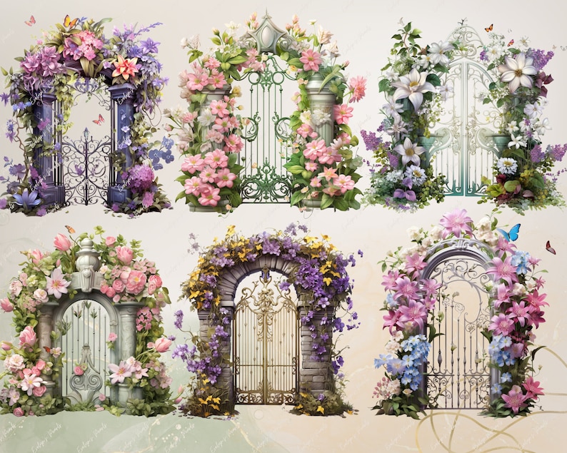 May include: Six ornate iron gates with floral arches, each with a different color scheme and floral arrangement. The gates are decorated with intricate designs and are surrounded by lush greenery.