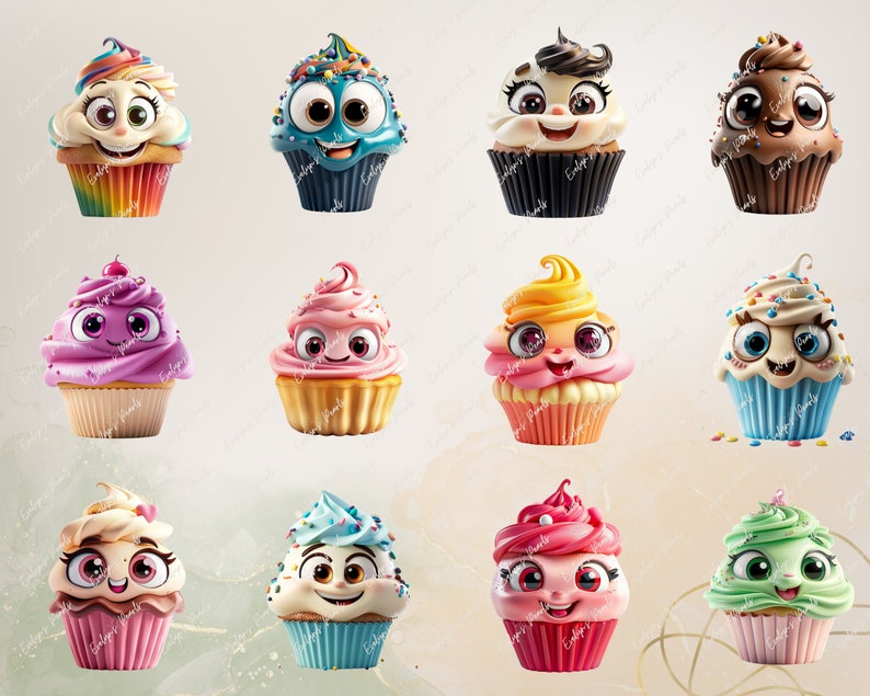 May include: Twelve colorful cupcakes with cartoon faces. Each cupcake has a different frosting color and design. The cupcakes are arranged in three rows of four.