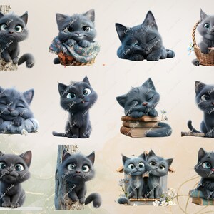 May include: A collection of 10 digital illustrations featuring cute gray kittens in various poses. The kittens are depicted in different settings, including a basket, a pile of books, and a tree branch.