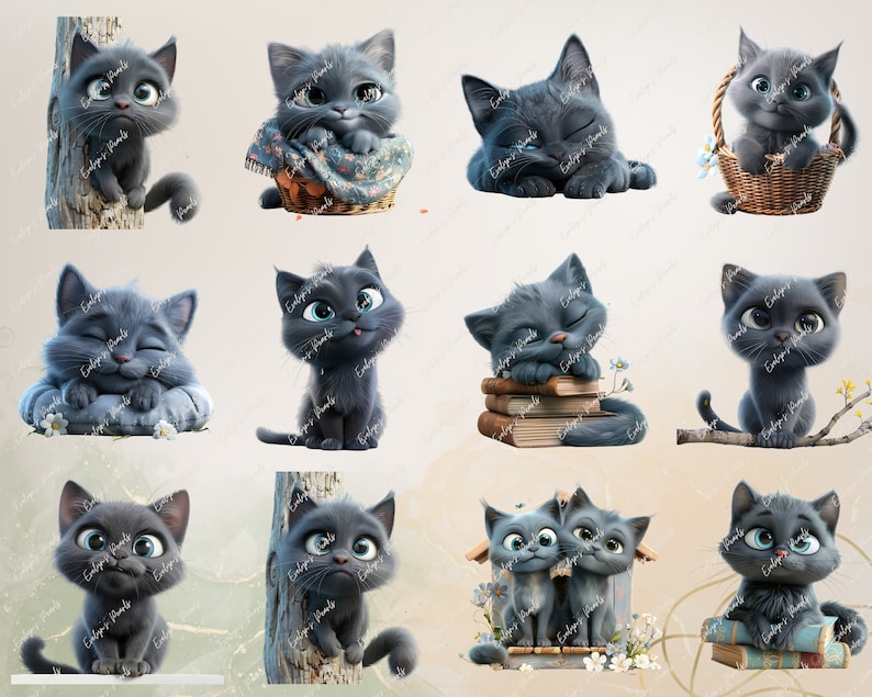 May include: A collection of 10 digital illustrations featuring cute gray kittens in various poses. The kittens are depicted in different settings, including a basket, a pile of books, and a tree branch.