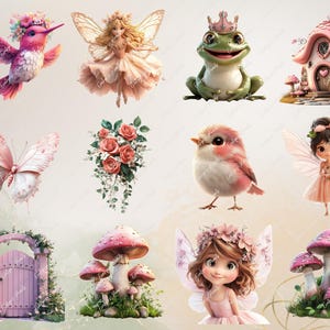 K&ouml;nnte beinhalten: Eine digitale Collage aus skurrilen Illustrationen mit einem rosa Kolibri, einer Fee mit rosa Fl&uuml;geln, einem gr&uuml;nen Frosch mit Krone, einem rosa Vogel, einem Schmetterling mit rosa Fl&uuml;geln, einem Strau&szlig; rosa Rosen, einer Fee mit rosa Fl&uuml;geln, einem rosa Pilz, einem rosa Tor und einer Fee mit rosa Fl&uuml;geln und einer Blumenkrone.