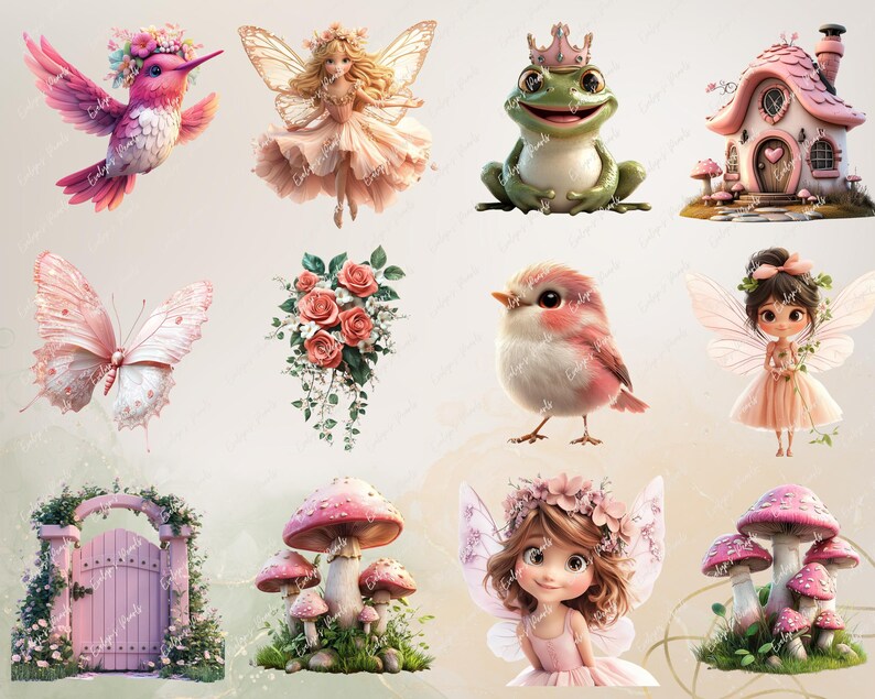 K&ouml;nnte beinhalten: Eine digitale Collage aus skurrilen Illustrationen mit einem rosa Kolibri, einer Fee mit rosa Fl&uuml;geln, einem gr&uuml;nen Frosch mit Krone, einem rosa Vogel, einem Schmetterling mit rosa Fl&uuml;geln, einem Strau&szlig; rosa Rosen, einer Fee mit rosa Fl&uuml;geln, einem rosa Pilz, einem rosa Tor und einer Fee mit rosa Fl&uuml;geln und einer Blumenkrone.