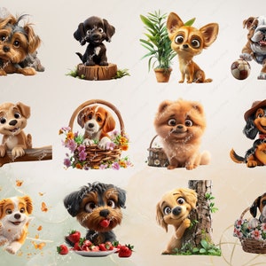 May include: A collection of ten adorable cartoon dogs in various poses. The dogs are all different breeds and have unique personalities. Some are wearing hats, playing instruments, or holding objects. The images are perfect for use in digital scrapbooking, card making, or other creative projects.