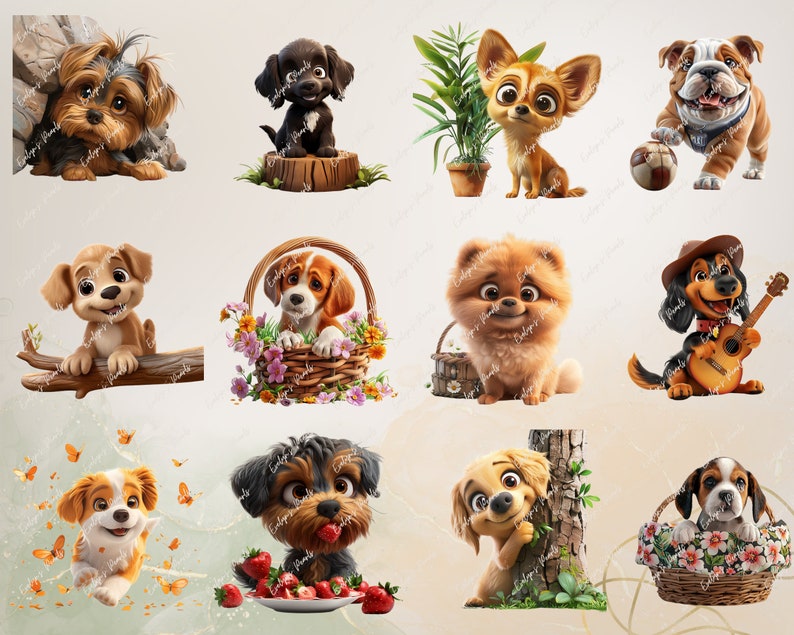 May include: A collection of ten adorable cartoon dogs in various poses. The dogs are all different breeds and have unique personalities. Some are wearing hats, playing instruments, or holding objects. The images are perfect for use in digital scrapbooking, card making, or other creative projects.