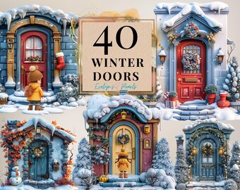 May include: A collection of 40 winter door illustrations, featuring various styles and colors, with snow, wreaths, and other winter decorations. The text "40 Winter Doors" is displayed on a brown background.