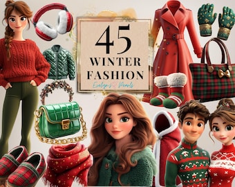 May include: A collage of winter fashion items, including a red sweater, a green quilted jacket, a green handbag, a red coat, a plaid handbag, a pair of red and white striped socks, a pair of green and white striped socks, a red scarf, a pair of red and black plaid shoes, and a pair of green and white striped socks. The text "45 Winter Fashion" is also included in the image.