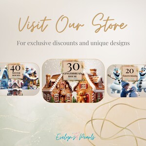 Op de afbeelding: Vier digitale illustraties van kerstsc&egrave;nes. De eerste toont een winterdorp met 40 winterhuisjes. De tweede toont een peperkoekhuis met 30 peperkoekhuisjes. De derde toont een sneeuwpop met 20 sneeuwpoppen. De vierde toont een paard met 31 paarden. De tekst "Evelyn's Pearls" staat onderaan de afbeelding.