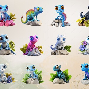 May include: Twelve cartoon lizards in various colors and poses, each sitting on a rock with plants and flowers. The lizards are all wearing different expressions and have different colored eyes.