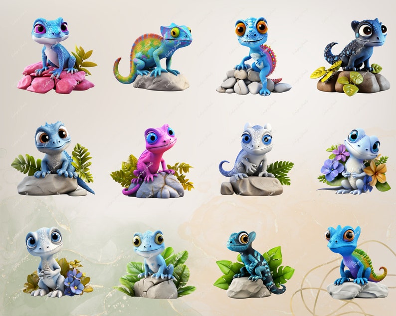 May include: Twelve cartoon lizards in various colors and poses, each sitting on a rock with plants and flowers. The lizards are all wearing different expressions and have different colored eyes.