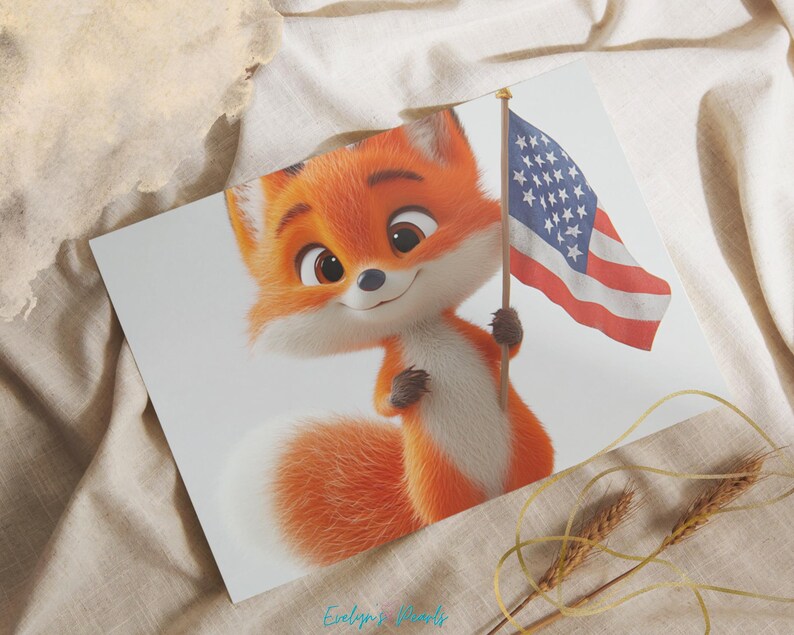 A close-up of a bright-eyed orange fox smiling while holding a mini American flag, laying on soft beige fabric for a mockup preview.