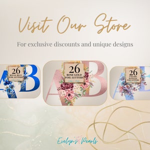 Op de afbeelding: Drie digitale ontwerpen voor afdrukbare alfabetletters. Elk ontwerp heeft een ander kleurenschema en een andere bloemschikking. Het eerste ontwerp is blauw met blauwe bloemen, het tweede is roze met roze bloemen en het derde is lichtblauw met lichtblauwe bloemen. Elk ontwerp bevat de tekst "26" en de woorden "FOIL LETTERS".