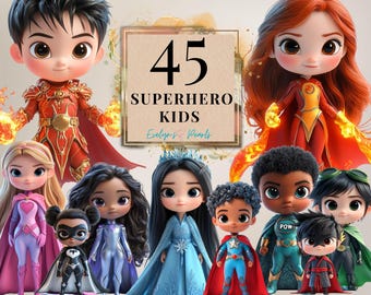 May include: A group of 45 superhero kids, with a variety of powers and costumes, including a red and gold superhero, a blue and white ice queen, a green and black superhero, and a red and black superhero. The image includes the text "45 SUPERHERO KIDS" and "Evelynn's Pearls".