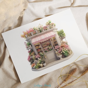 Pu&ograve; includere: Un negozio di fiori in miniatura con un'insegna rosa e una variet&agrave; di fiori in vasi e mazzi. Il negozio &egrave; decorato con una piccola recinzione bianca e un piccolo cartello che recita "Evelyn's Blooms".