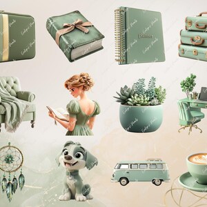 May include: A collection of green and white themed items including a planner, a book, a dream catcher, a potted succulent, a vintage van, a coffee cup, a chair, a suitcase, a dog, and a woman reading a book.