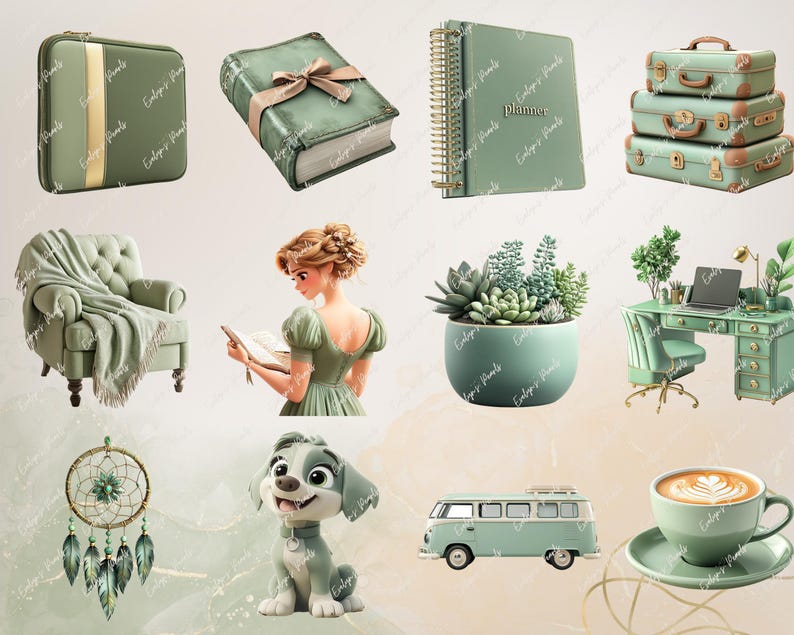 May include: A collection of green and white themed items including a planner, a book, a dream catcher, a potted succulent, a vintage van, a coffee cup, a chair, a suitcase, a dog, and a woman reading a book.