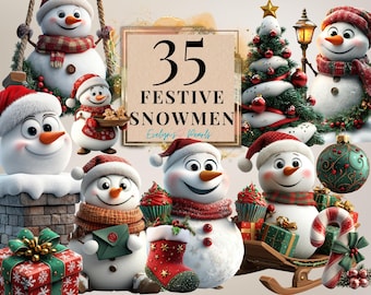 May include: 35 Festive Snowmen digital clipart set featuring various snowmen with winter holiday decorations, including a Christmas tree, presents, candy canes, and a sled.