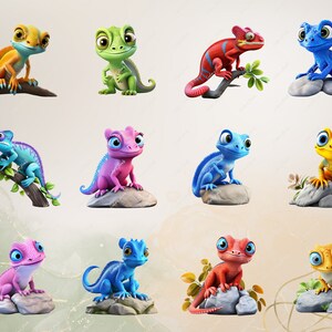 May include: A collection of 10 cartoon lizards in various colors, including blue, green, yellow, orange, pink, and red. Each lizard is sitting on a rock or branch, with a whimsical and playful expression.