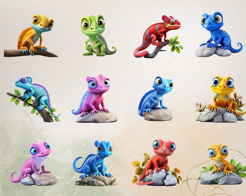 May include: A collection of 10 cartoon lizards in various colors, including blue, green, yellow, orange, pink, and red. Each lizard is sitting on a rock or branch, with a whimsical and playful expression.