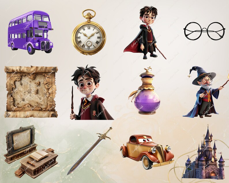 May include: A collection of whimsical and magical items, including a purple double-decker bus, a golden pocket watch, a wizard with a pointed hat, a potion bottle, a map, a sword, a red car, and a fairytale castle.