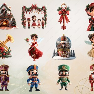 "Nutcracker-themed illustrations, including festive fireplace, garland with characters, trumpet with holiday decor, fairy, snow globe, and classic toy soldiers."