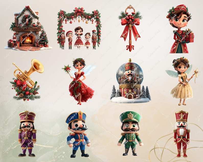 "Nutcracker-themed illustrations, including festive fireplace, garland with characters, trumpet with holiday decor, fairy, snow globe, and classic toy soldiers."