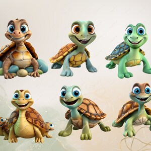 Op de afbeelding: Zes cartoon schildpadden met helderblauwe ogen en glimlachende gezichten. De schildpadden staan in verschillende poses, sommige met hun schild naar de kijker gericht en andere met hun schild naar achteren gericht. De schildpadden zijn allemaal in verschillende kleuren, waaronder groen, bruin en geel.