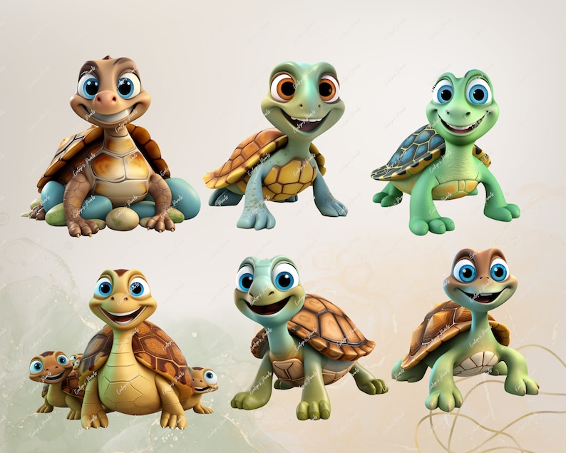 Op de afbeelding: Zes cartoon schildpadden met helderblauwe ogen en glimlachende gezichten. De schildpadden staan in verschillende poses, sommige met hun schild naar de kijker gericht en andere met hun schild naar achteren gericht. De schildpadden zijn allemaal in verschillende kleuren, waaronder groen, bruin en geel.